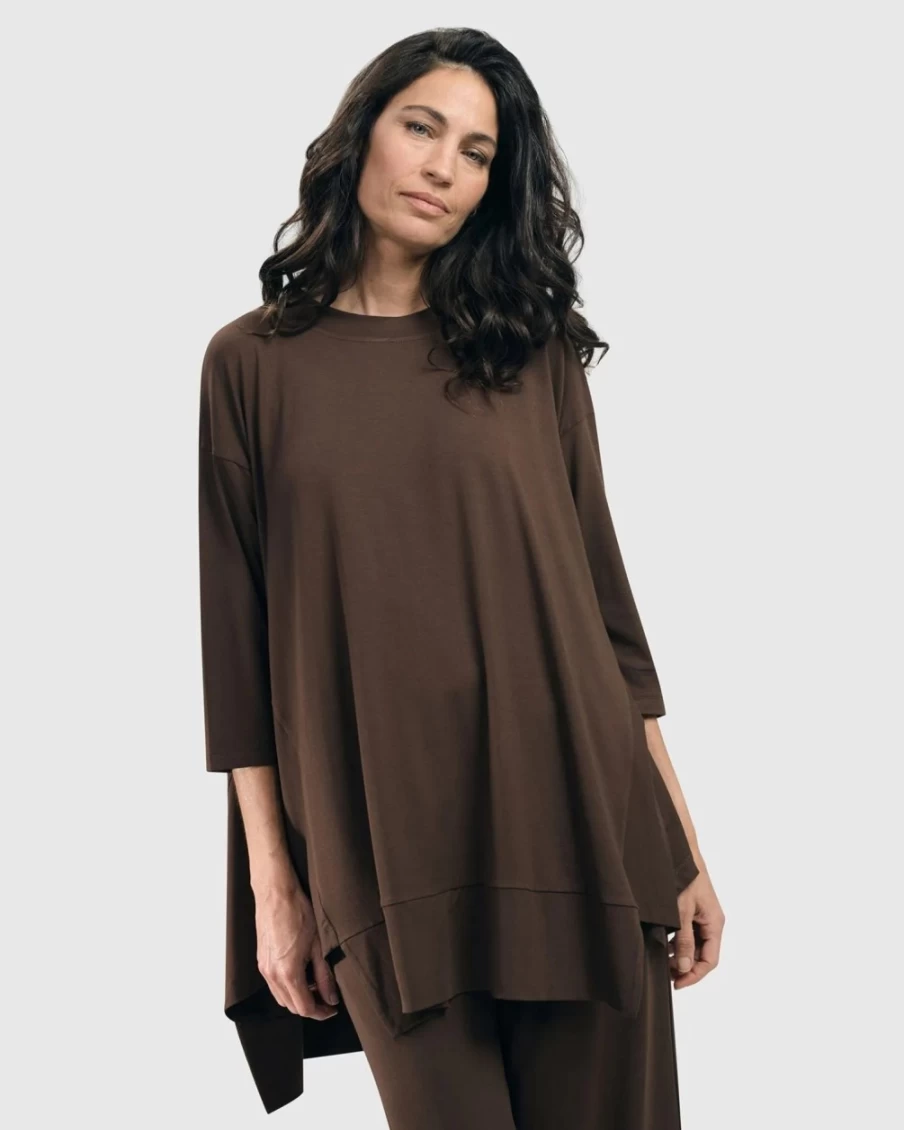 ALEMBIKA Women's Essential Oversized Trapeze Top in Coffee - Comfortable Loose Fit Blouse