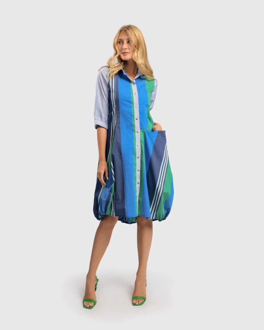 ALEMBIKA Women's Ocean Stripe Marine Dress - Stylish Blue & White Striped Summer Dress