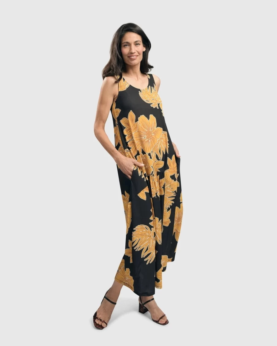 ALEMBIKA Women's Gold Aloha Sleeveless Maxi Dress for Beach Vacation