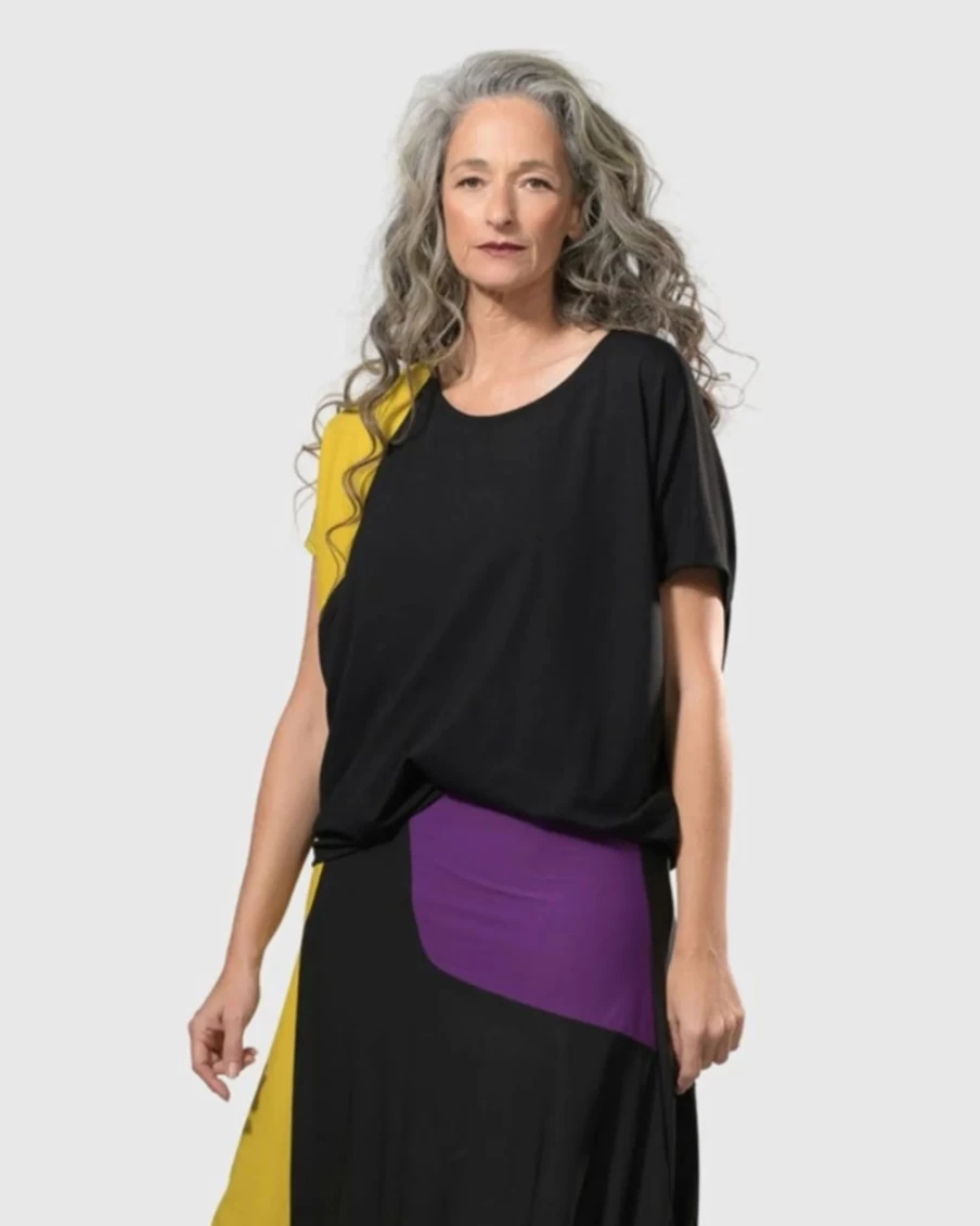 ALEMBIKA Women's Bliss Boxy Top - Stylish Yellow and Purple Loose Fit Tee