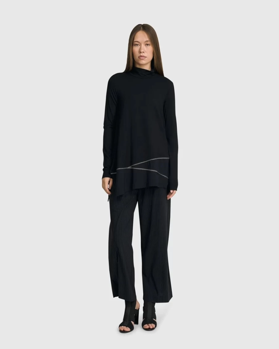 ALEMBIKA Women's Mazzy Mockneck Long Sleeve Top - Black Elegant Stretchable Knit Shirt