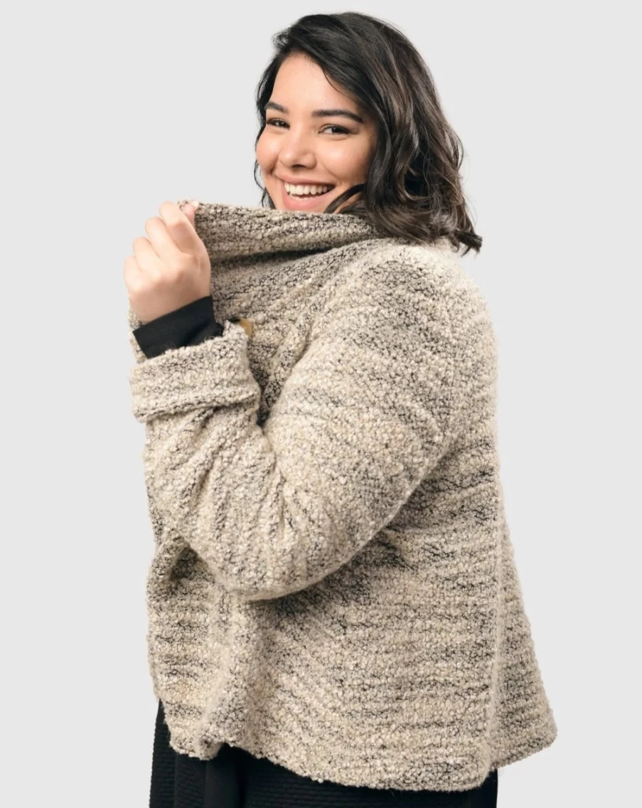 ALEMBIKA Women's Cozy Crop Boucle Jacket in Smoke & Cream - Elegant Short Knit Blazer