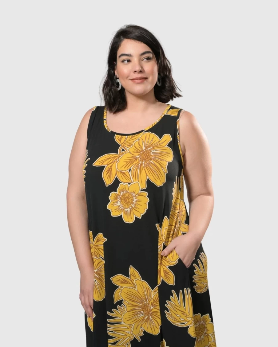 ALEMBIKA Women's Gold Sleeveless Swing Maxi Dress - Molokai Boho Beach Vacation Long Dress