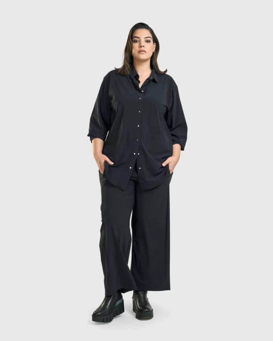 ALEMBIKA Women's Trinity Black Button Down Shirt - Classic Collared Top for Stylish Outfits
