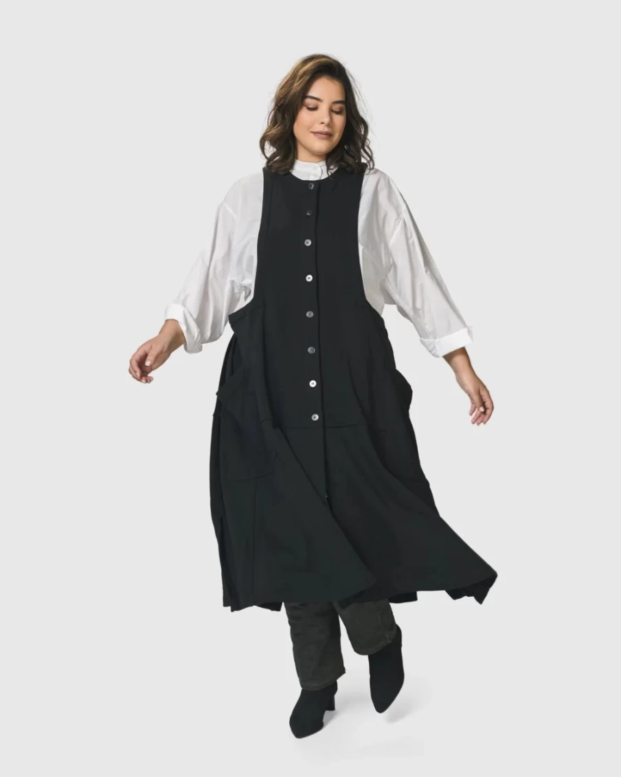 ALEMBIKA Women's Black Urban Button Down Pinafore Dress - Stylish Casual Jumper Dress