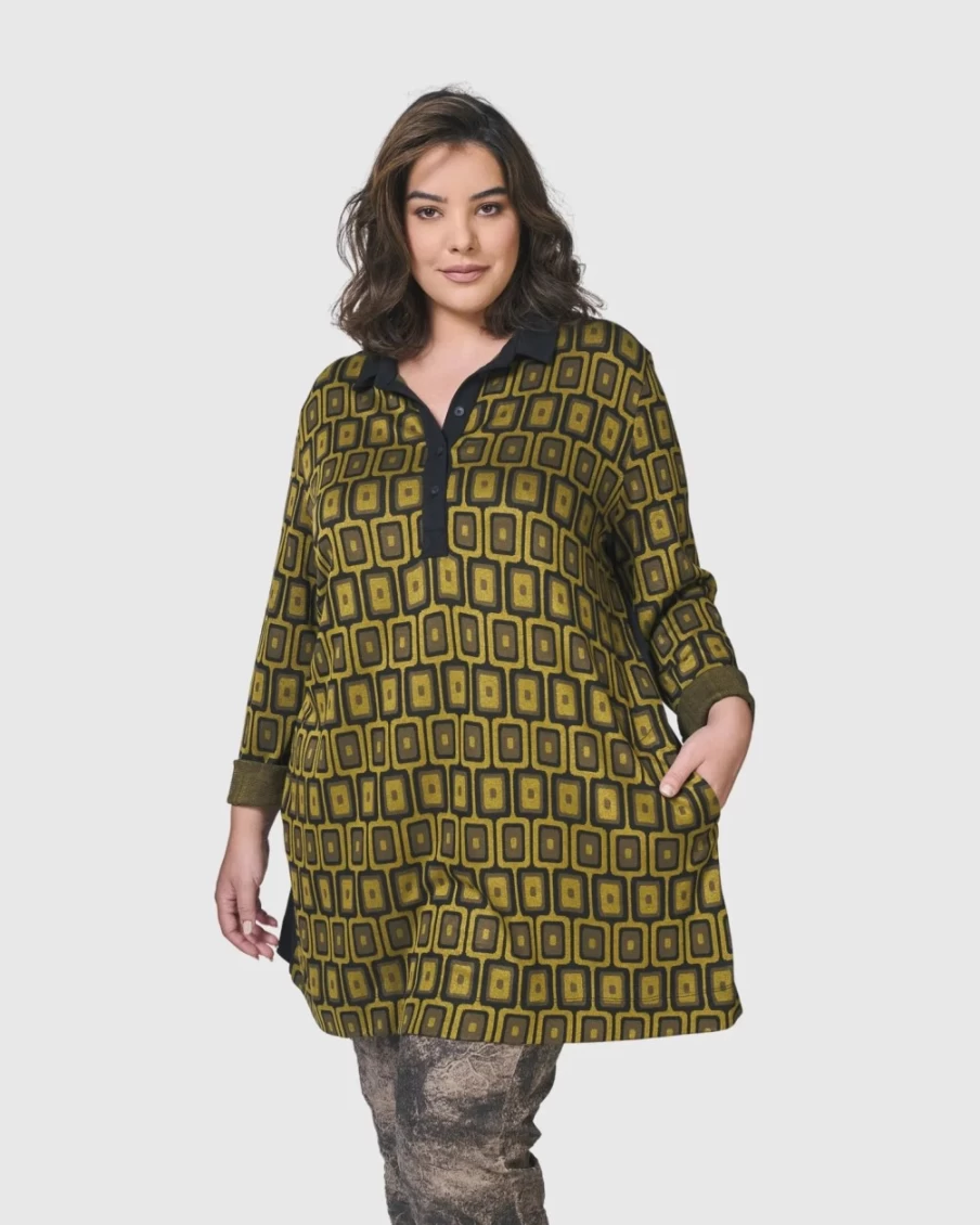 ALEMBIKA Women's Chartreuse Dynamite Days Button Down Tunic Top